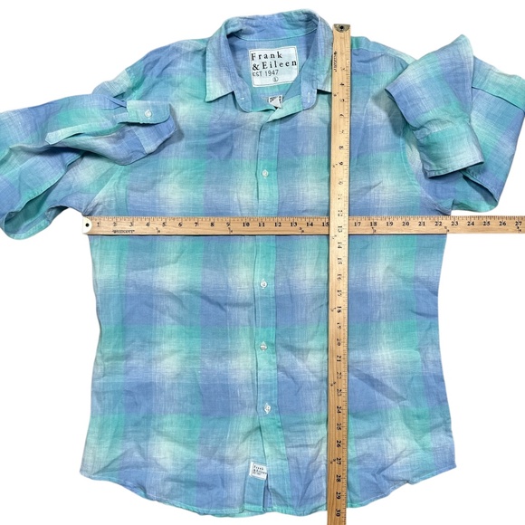Frank & Eileen Paul Linen Plaid Blue Seafoam L/S Button Shirt Mens Large - Picture 8 of 8